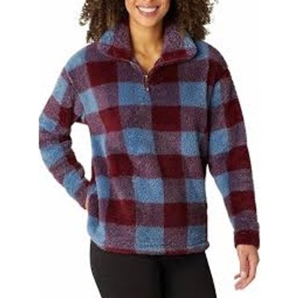 Eddie Bauer Womens Blue Buffalo Plaid Quarter Zip Pullover Hoodie Size M
